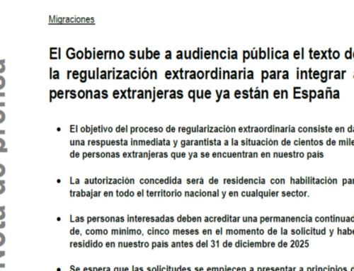 Nota de prensa sobre la regularización extraordinaria de extranjeros en situación irregular